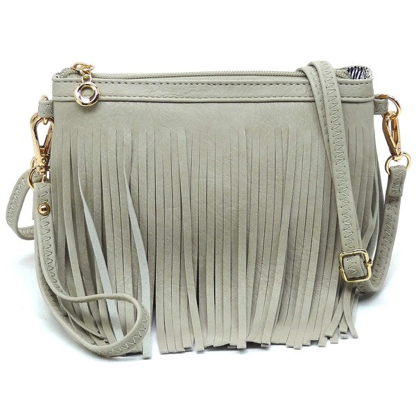 Western Fringe Clutch Cross Body Bag in faux leather with fringe detailing and gold-tone hardware.