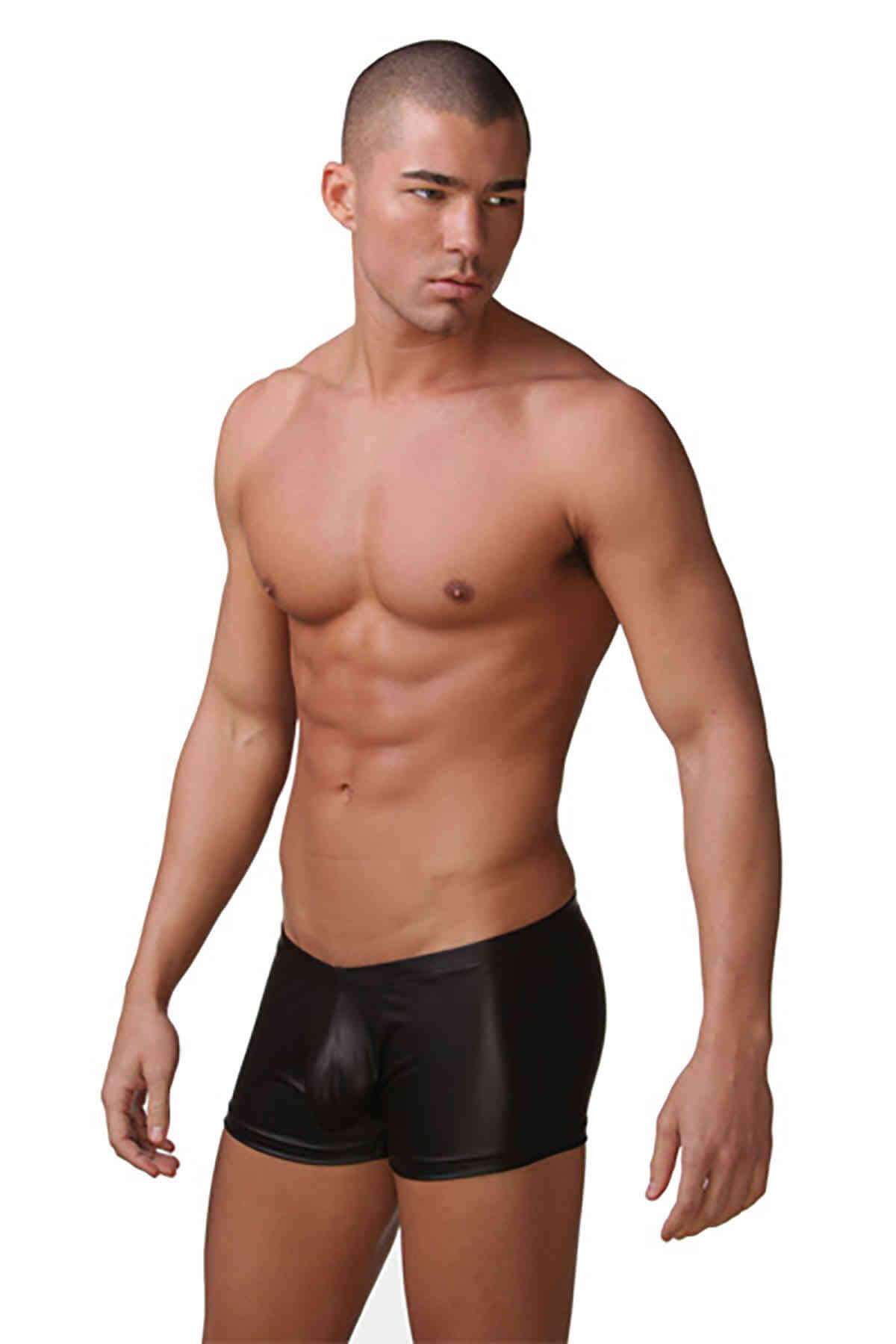 Wet Look Mens Faux Leather Briefs featuring red stitching, showcasing a stylish and edgy design for modern men.