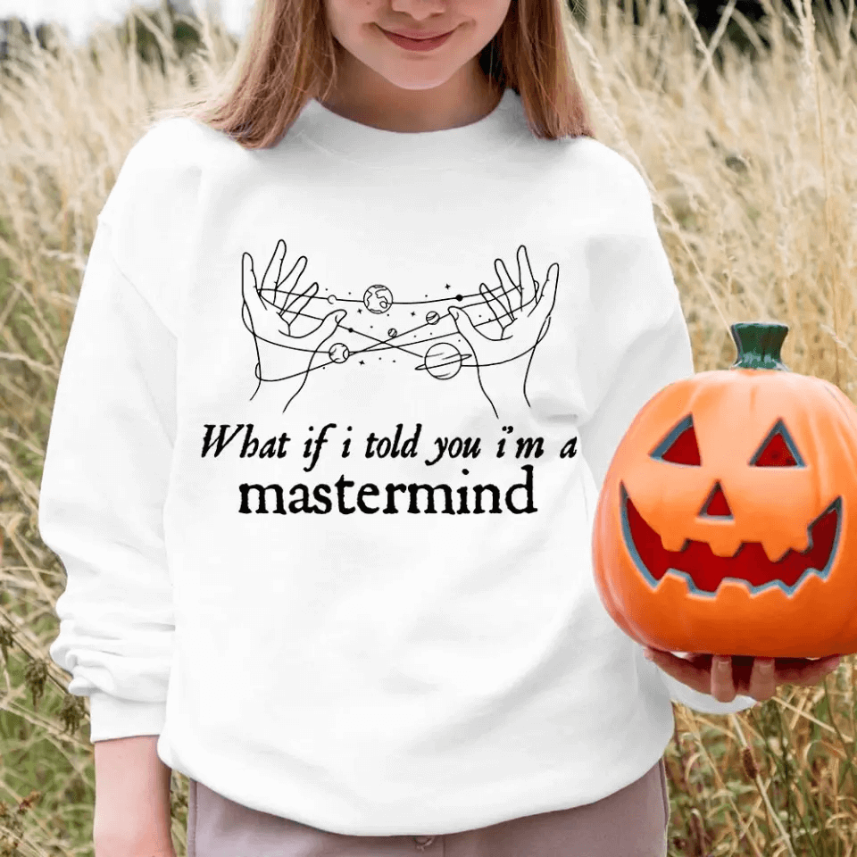 A stylish Halloween-themed T-shirt featuring the phrase 'What If I Told You I'm a Mastermind', made from soft ringspun cotton.