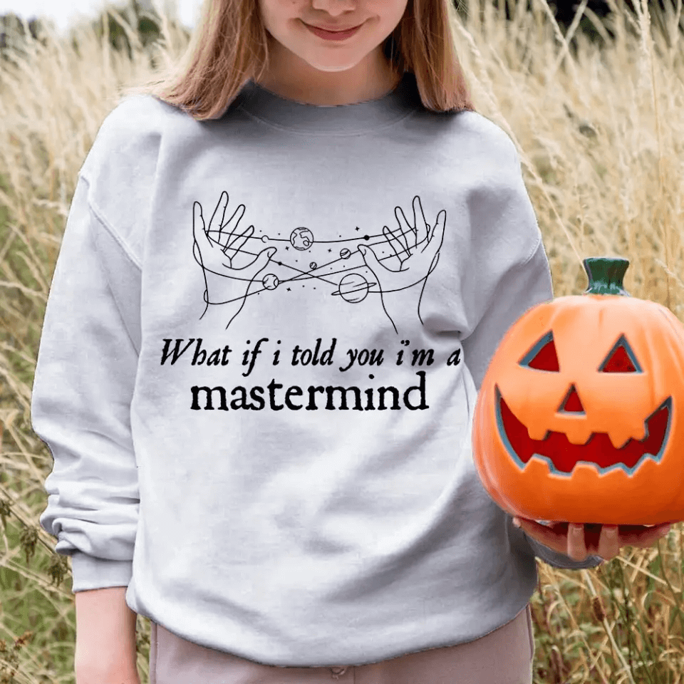 A stylish Halloween-themed T-shirt featuring the phrase 'What If I Told You I'm a Mastermind', made from soft ringspun cotton.