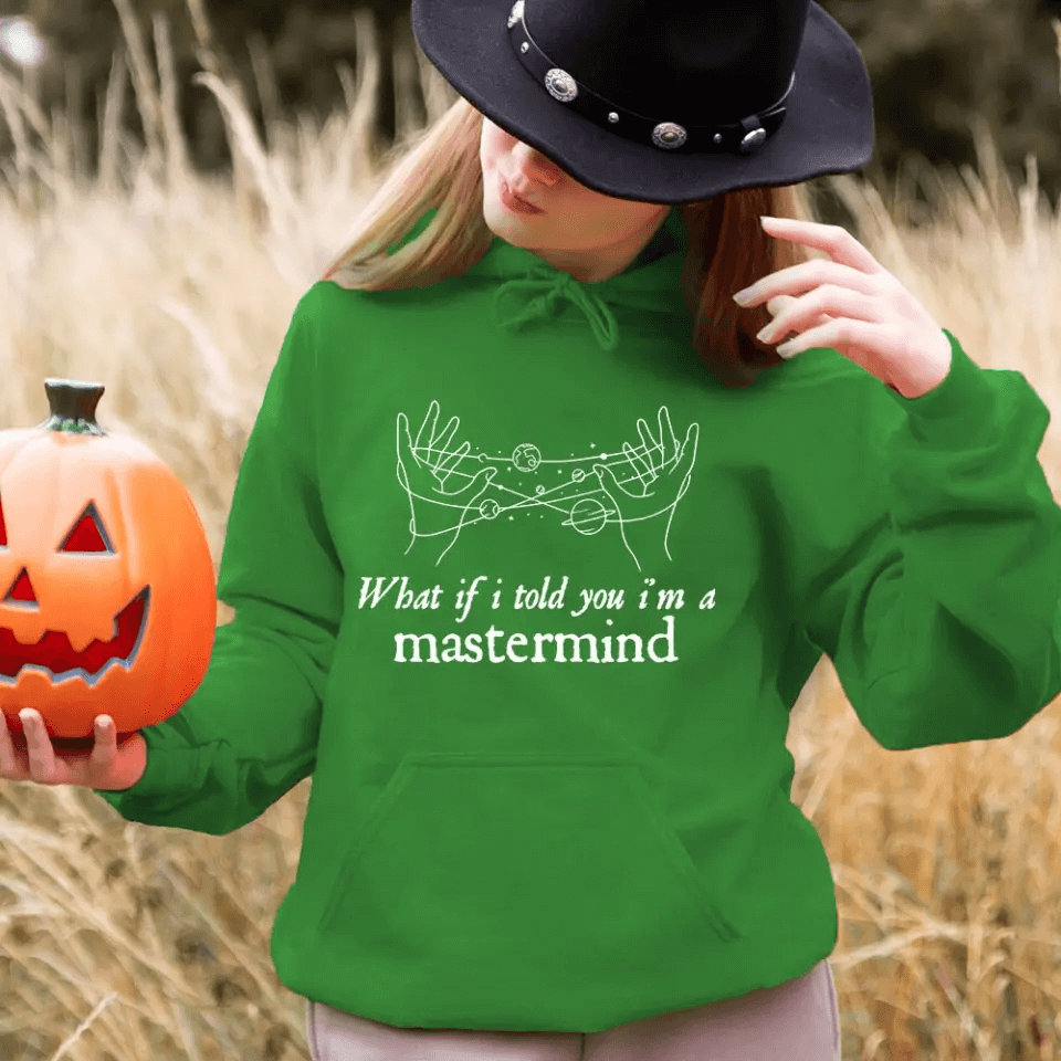 A stylish Halloween-themed T-shirt featuring the phrase 'What If I Told You I'm a Mastermind', made from soft ringspun cotton.