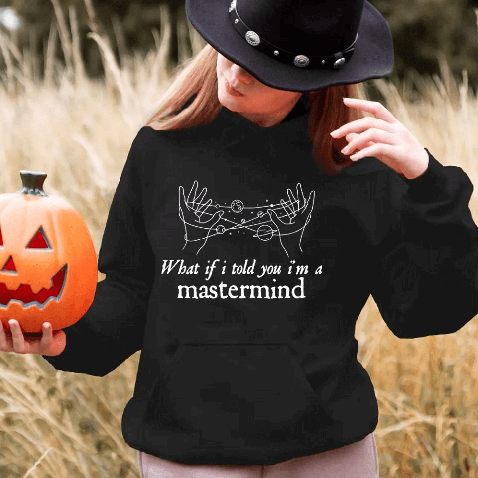 A stylish Halloween-themed T-shirt featuring the phrase 'What If I Told You I'm a Mastermind', made from soft ringspun cotton.