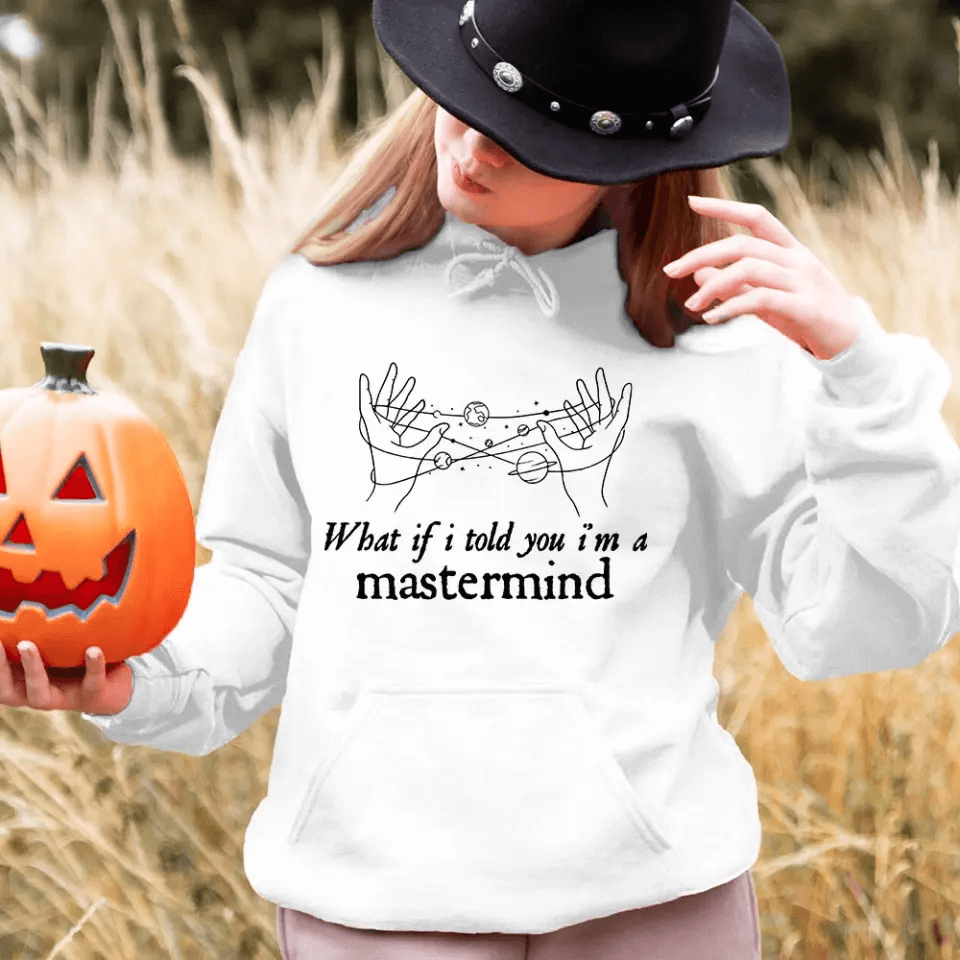 A stylish Halloween-themed T-shirt featuring the phrase 'What If I Told You I'm a Mastermind', made from soft ringspun cotton.