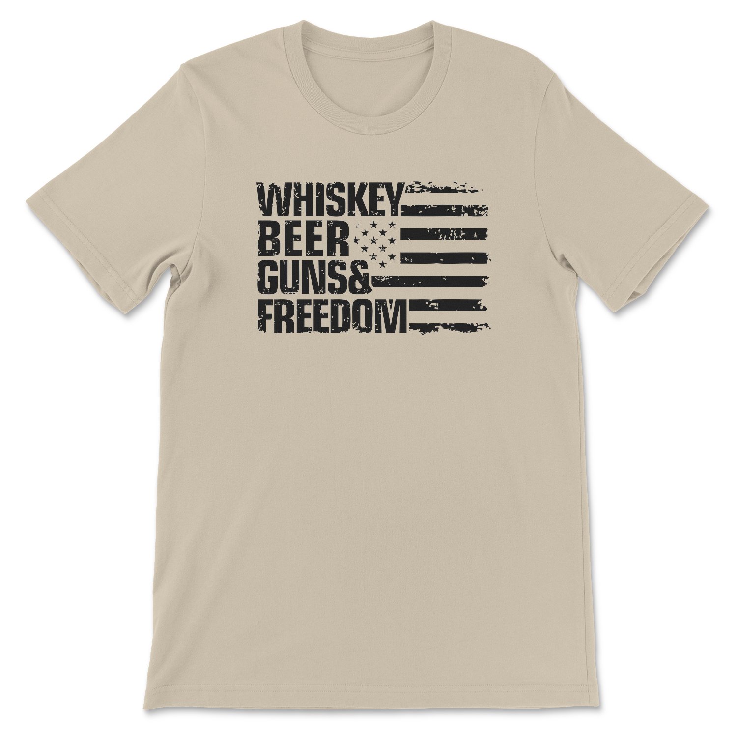 Whiskey, Beer, Guns & Freedom Tee featuring a bold design, unisex fit, and high-quality print, made in the USA.