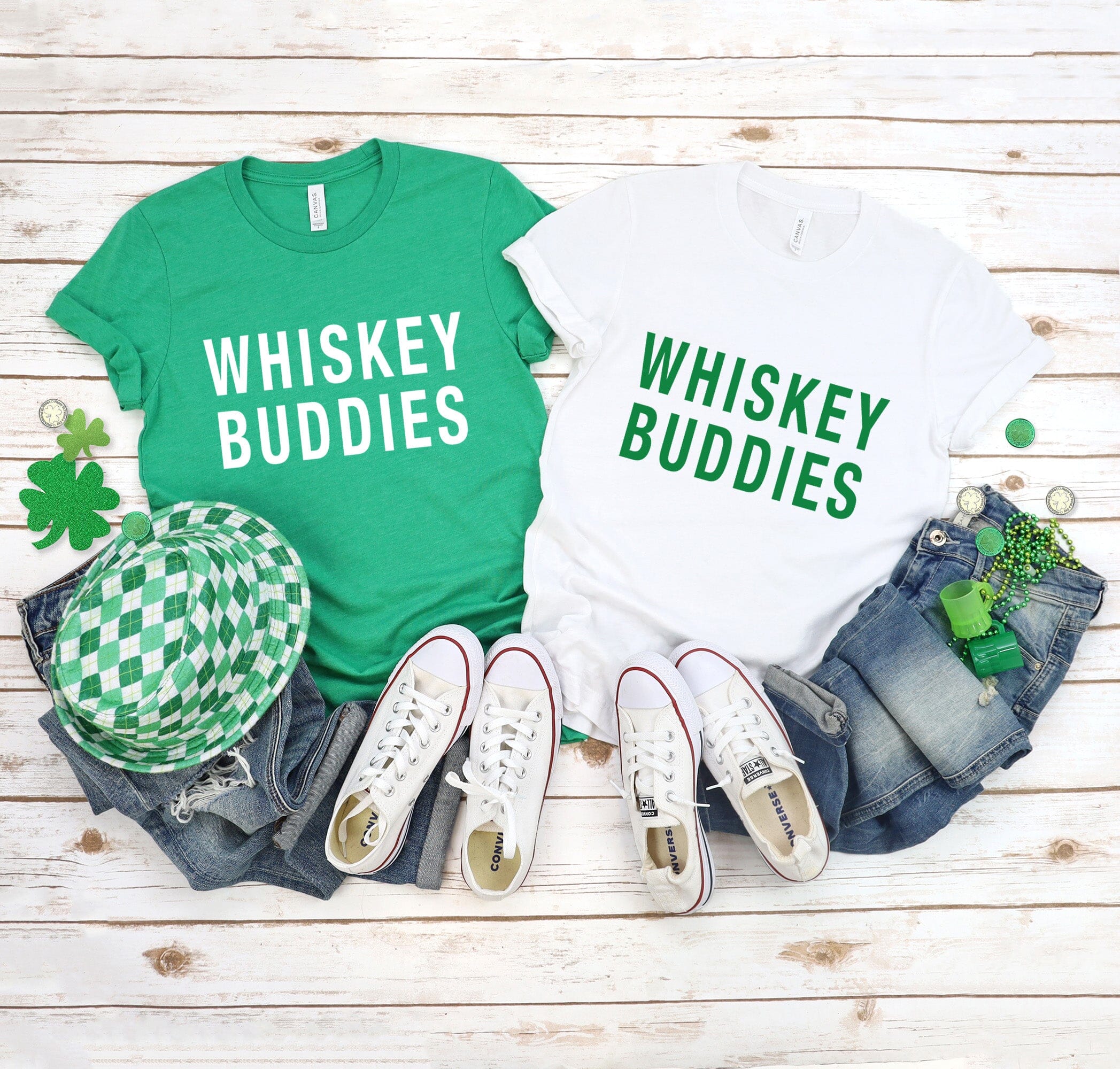 Whiskey Buddies Tee displayed on a mannequin, showcasing its comfortable fit and stylish design, perfect for casual wear.