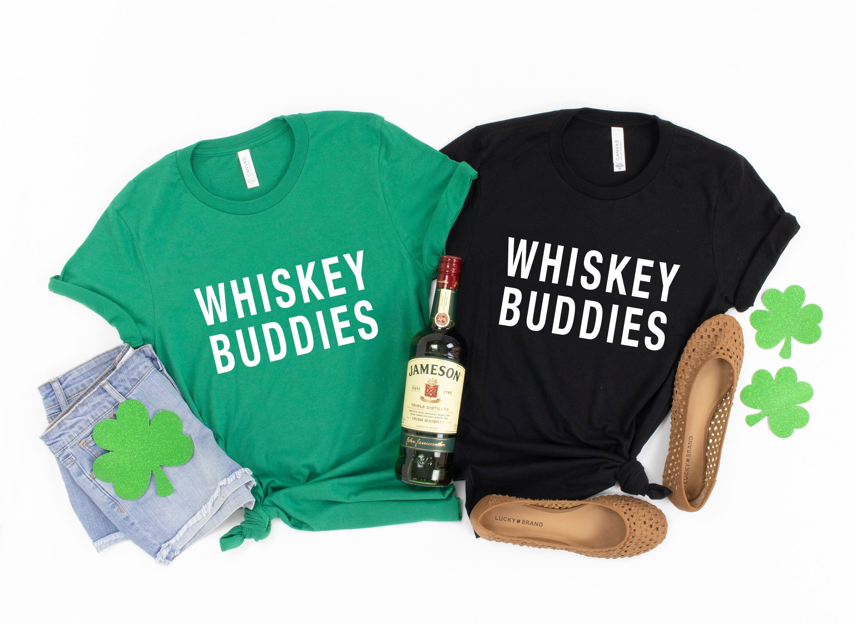 Whiskey Buddies Tee displayed on a mannequin, showcasing its comfortable fit and stylish design, perfect for casual wear.