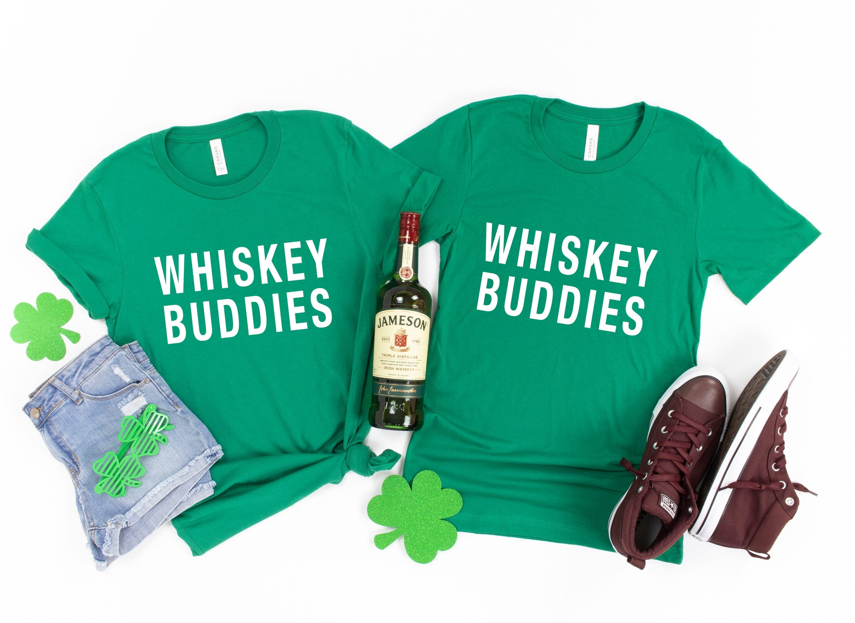 Whiskey Buddies Tee displayed on a mannequin, showcasing its comfortable fit and stylish design, perfect for casual wear.