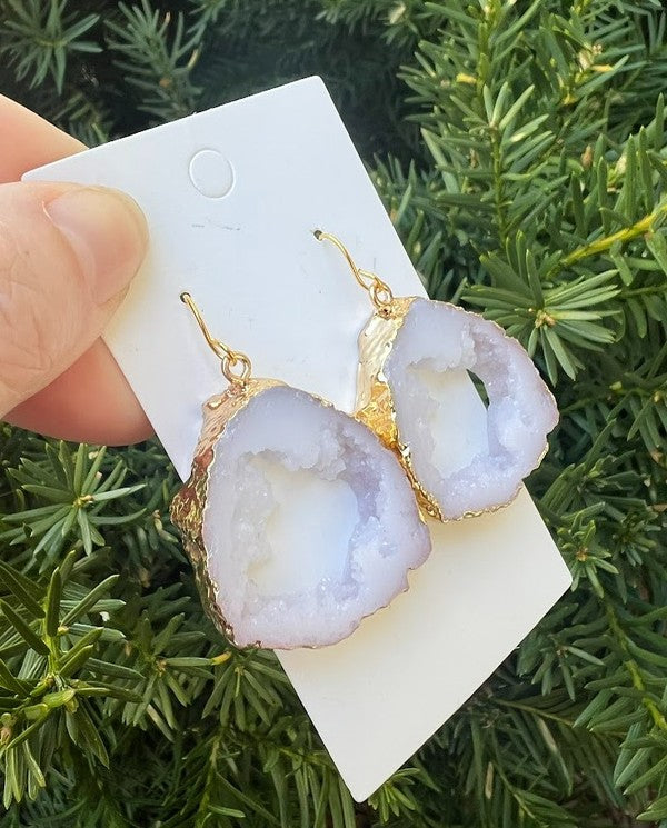 Elegant White Agate Slice Resin Statement Earrings with gold accents, showcasing unique patterns and a stylish design.