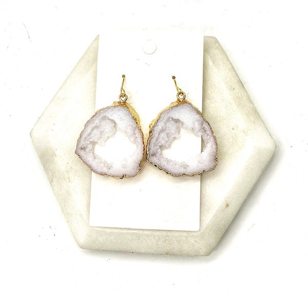 Elegant White Agate Slice Resin Statement Earrings with gold accents, showcasing unique patterns and a stylish design.