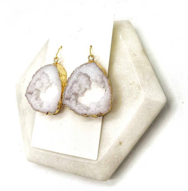 Elegant White Agate Slice Resin Statement Earrings with gold accents, showcasing unique patterns and a stylish design.