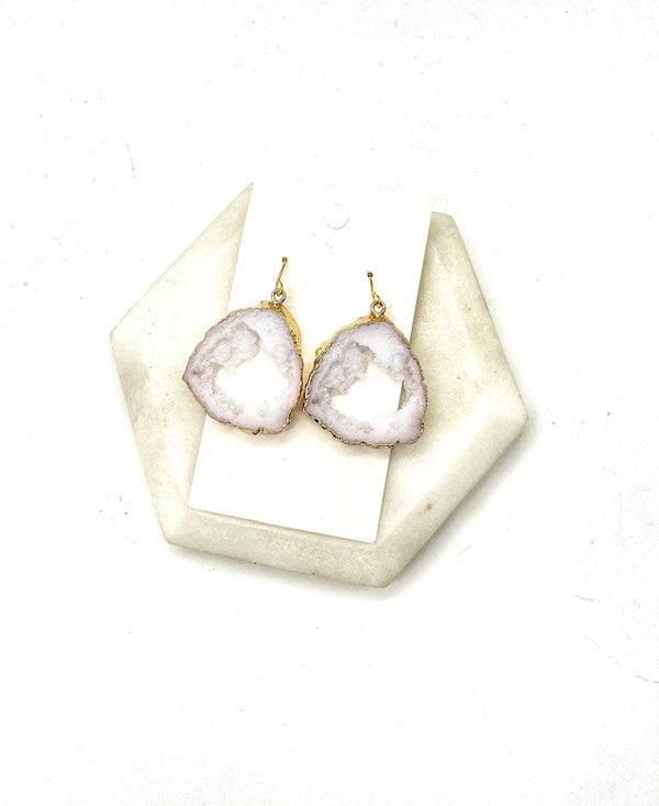 Elegant White Agate Slice Resin Statement Earrings with gold accents, showcasing unique patterns and a stylish design.