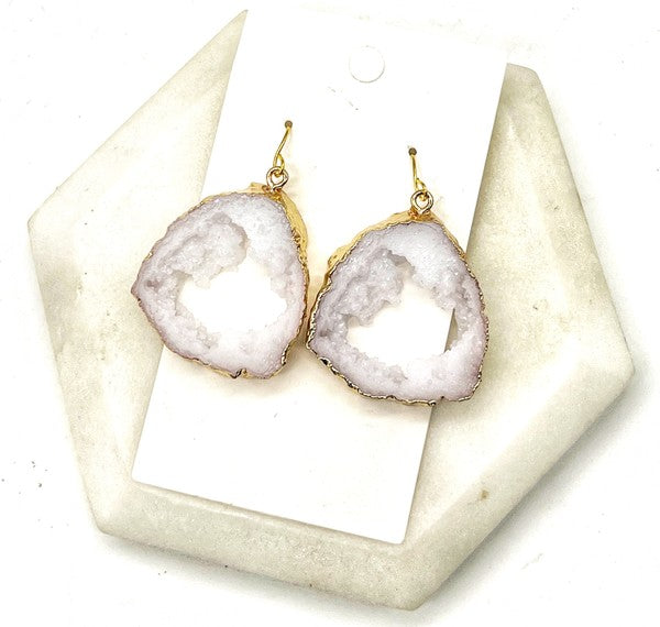 Elegant White Agate Slice Resin Statement Earrings with gold accents, showcasing unique patterns and a stylish design.