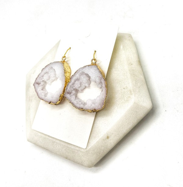 Elegant White Agate Slice Resin Statement Earrings with gold accents, showcasing unique patterns and a stylish design.