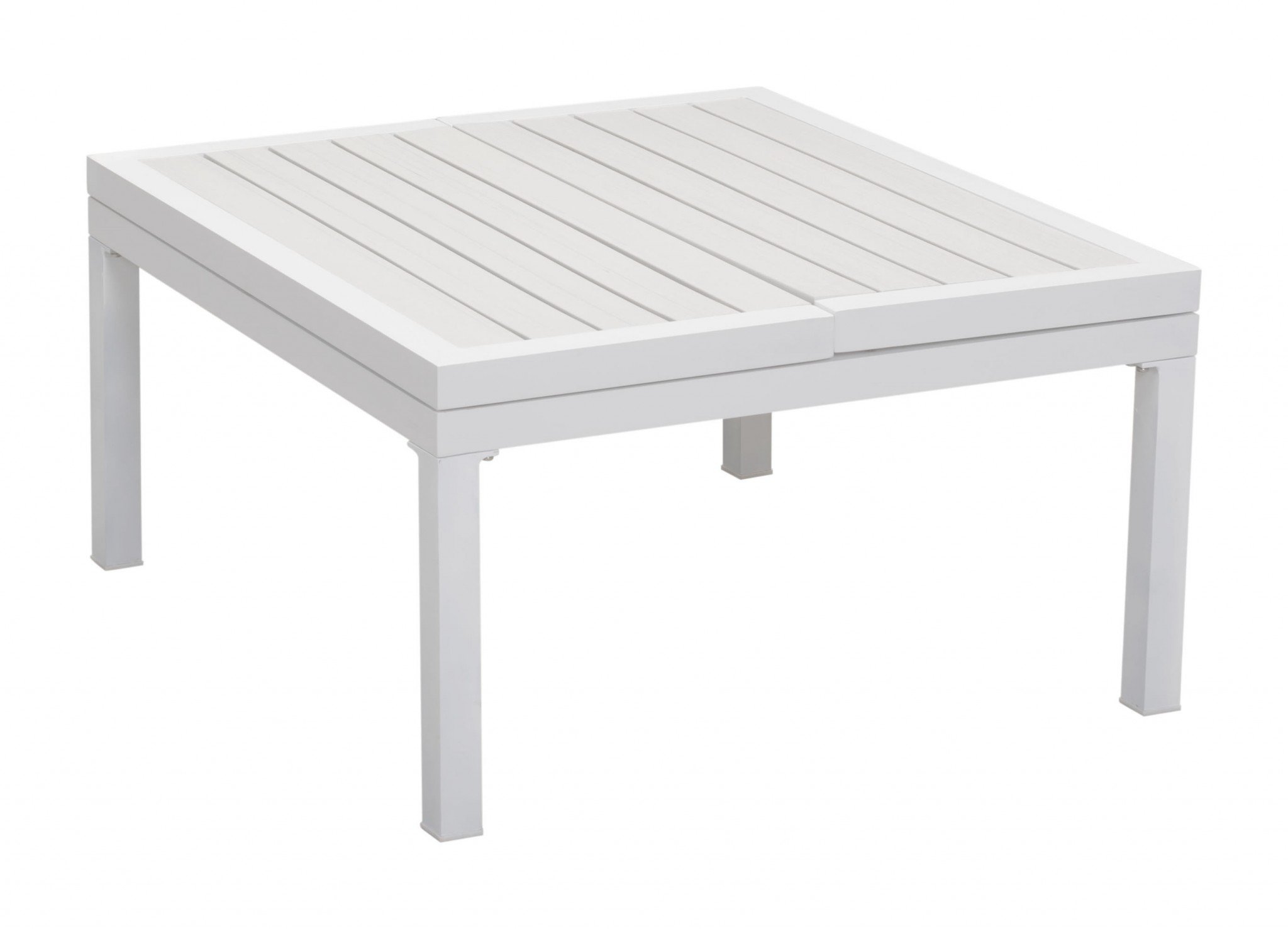 White aluminum outdoor lift top coffee table with a sleek design, perfect for outdoor settings.