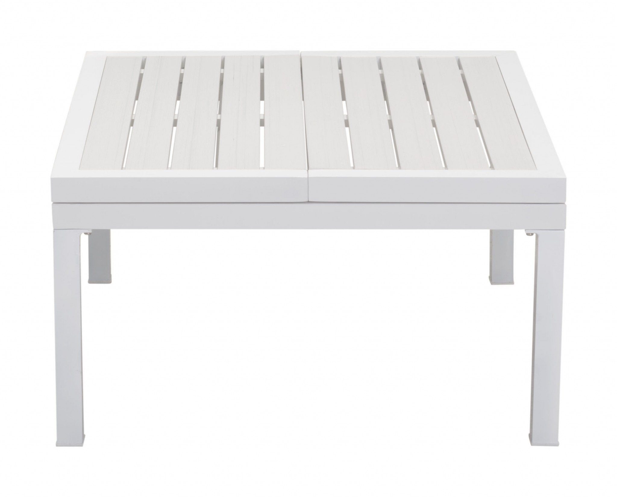 White aluminum outdoor lift top coffee table with a sleek design, perfect for outdoor settings.