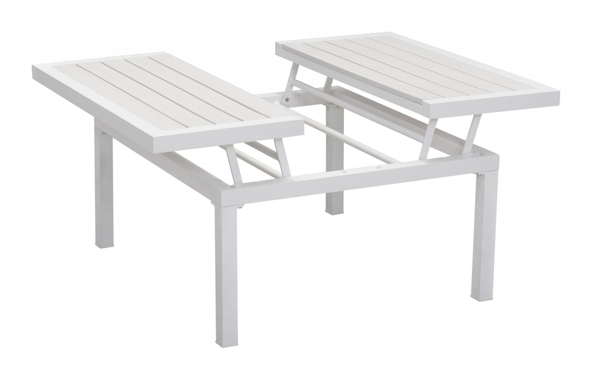 White aluminum outdoor lift top coffee table with a sleek design, perfect for outdoor settings.