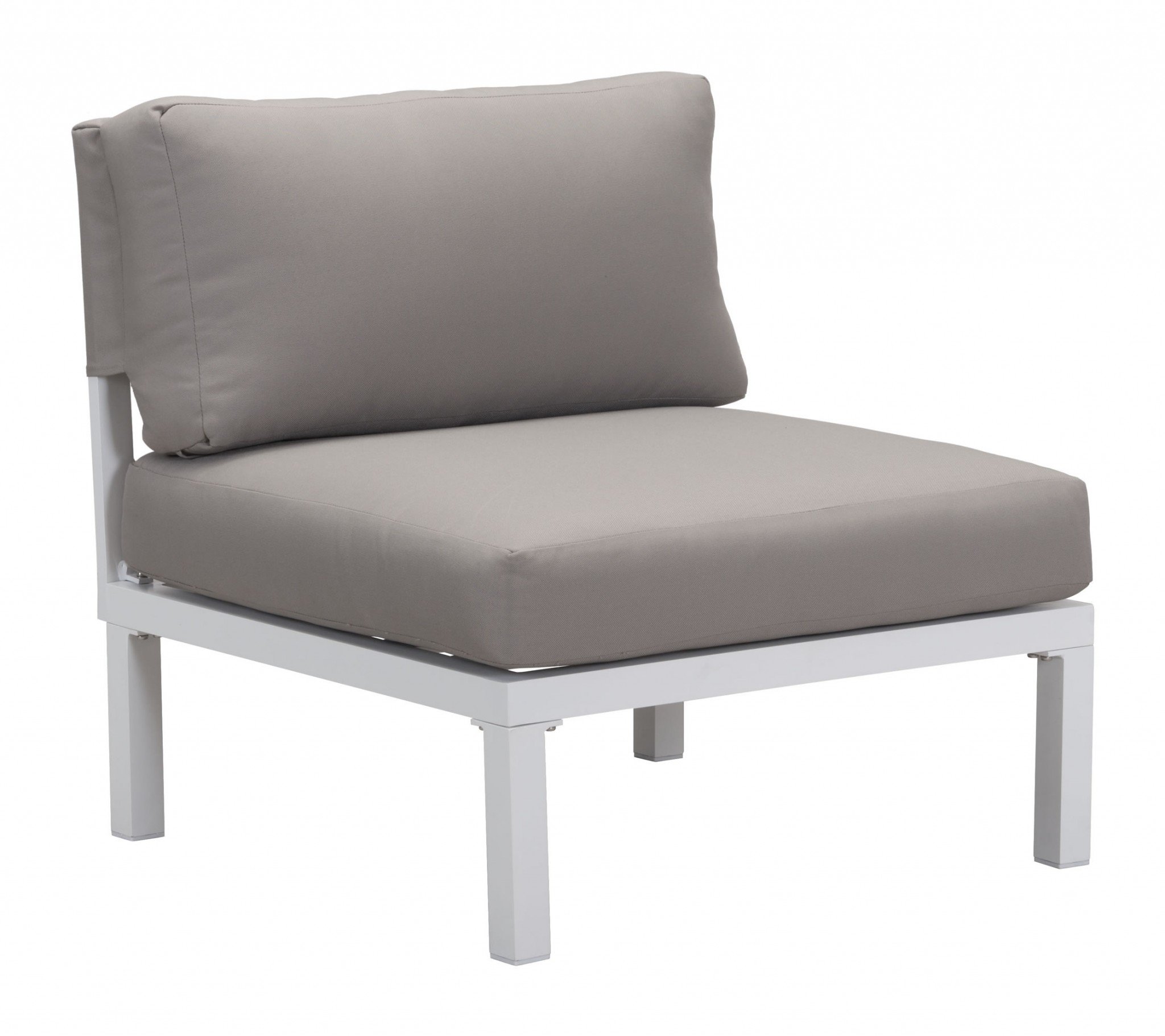 White and gray aluminum armless chair with plush cushions, perfect for outdoor seating.