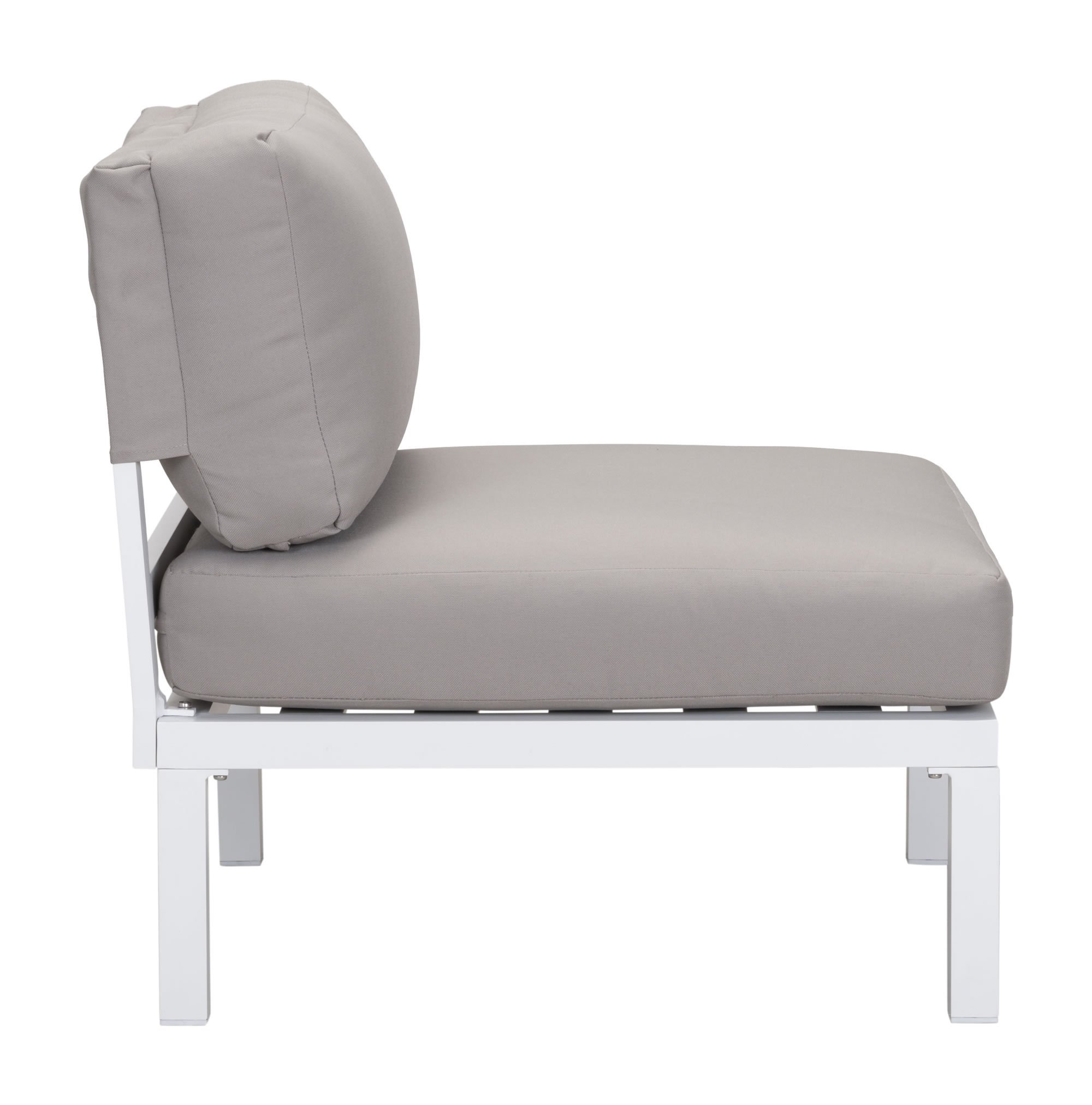 White and gray aluminum armless chair with plush cushions, perfect for outdoor seating.