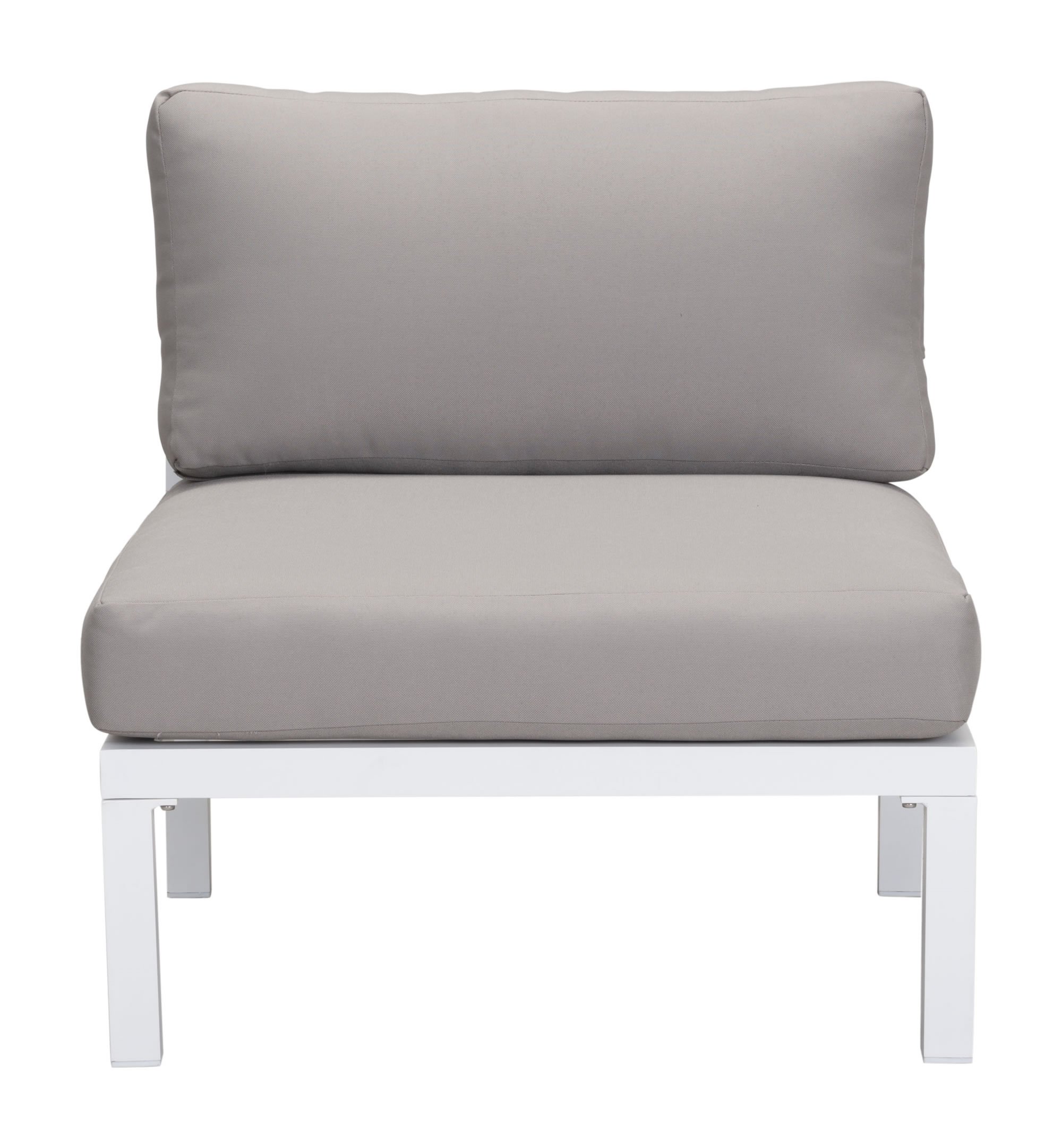 White and gray aluminum armless chair with plush cushions, perfect for outdoor seating.