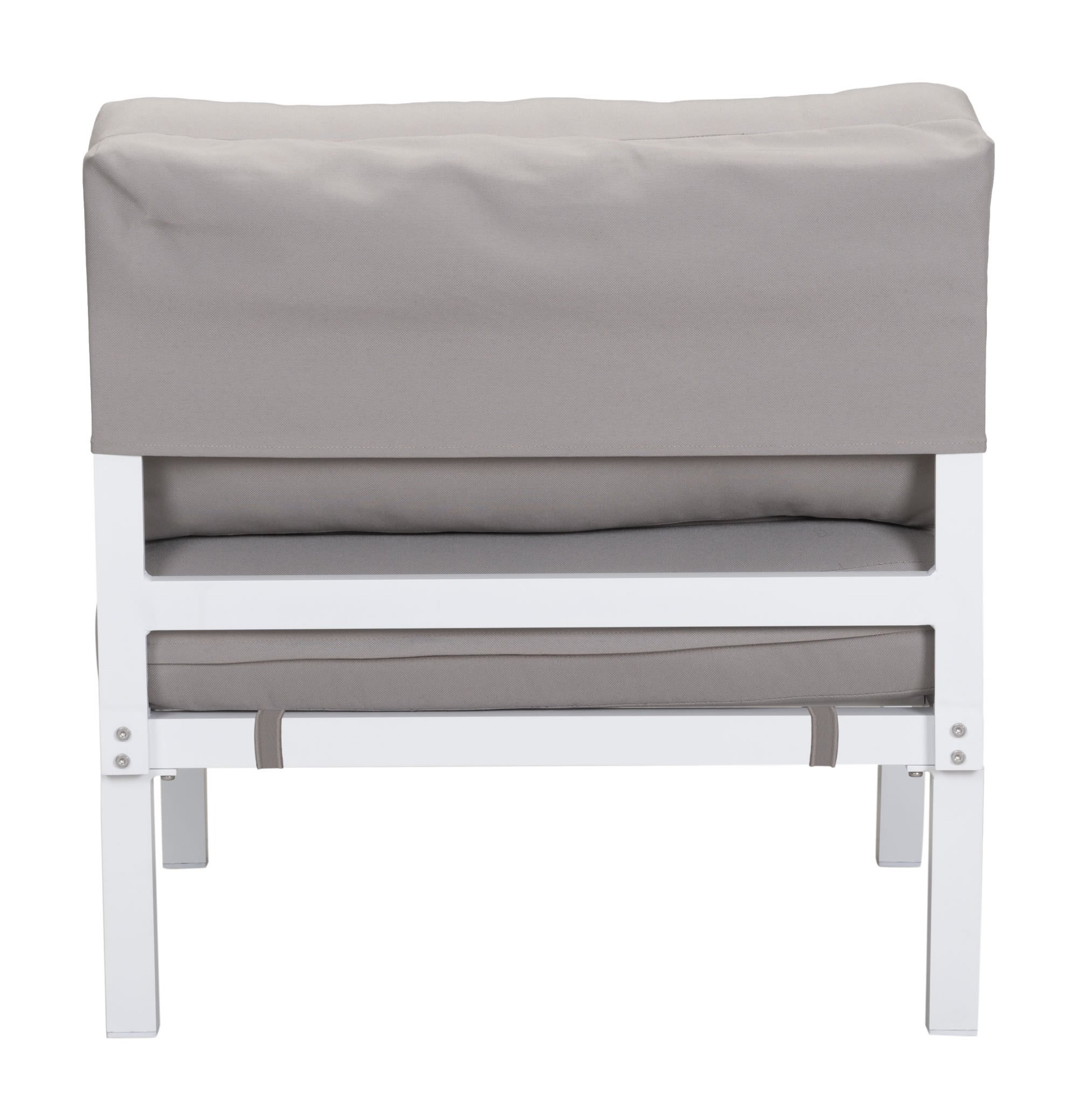 White and gray aluminum armless chair with plush cushions, perfect for outdoor seating.