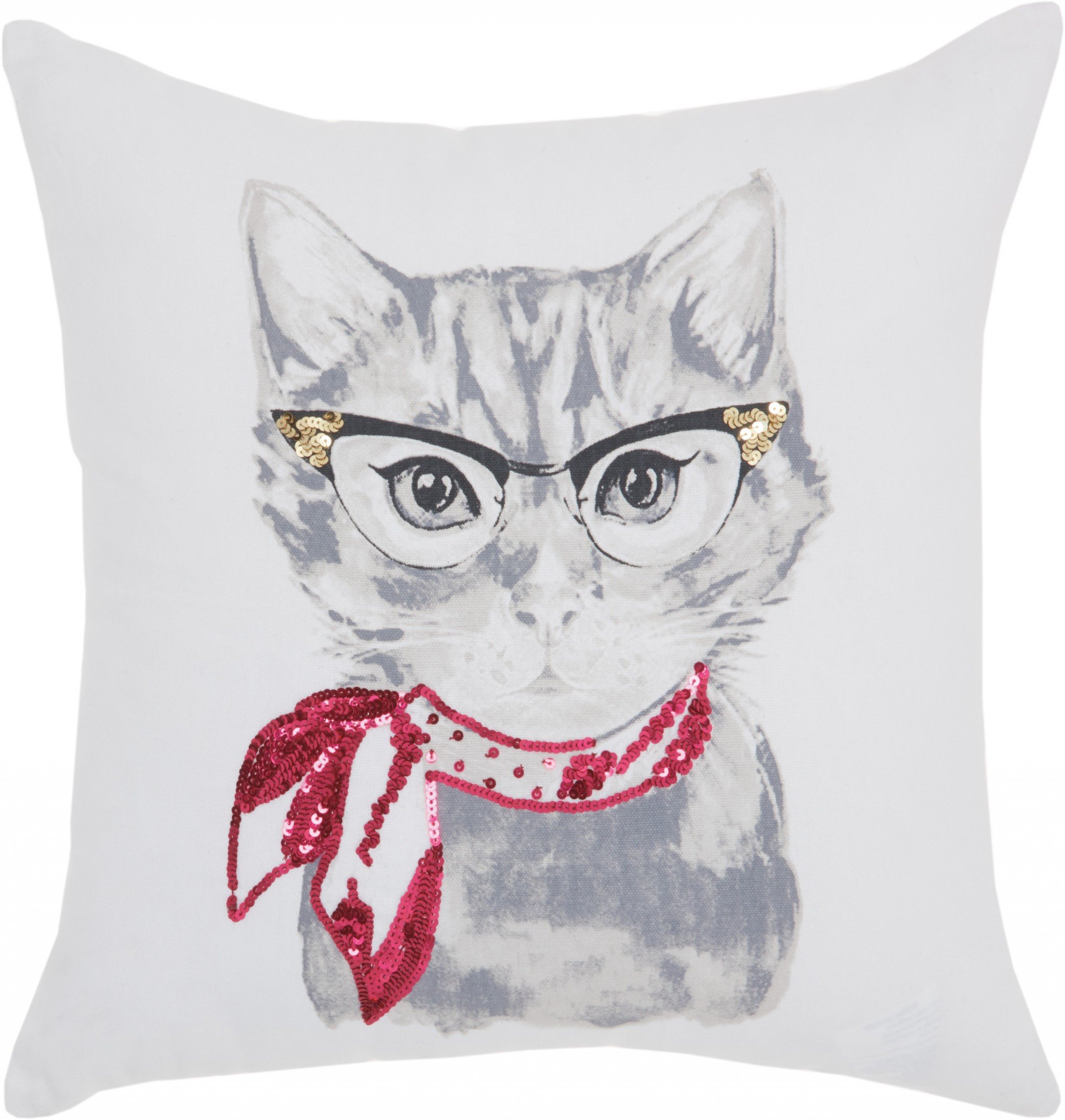 White and Red Cool Kitty Throw Pillow featuring a playful kitten graphic and sequin scarf, perfect for home decor.