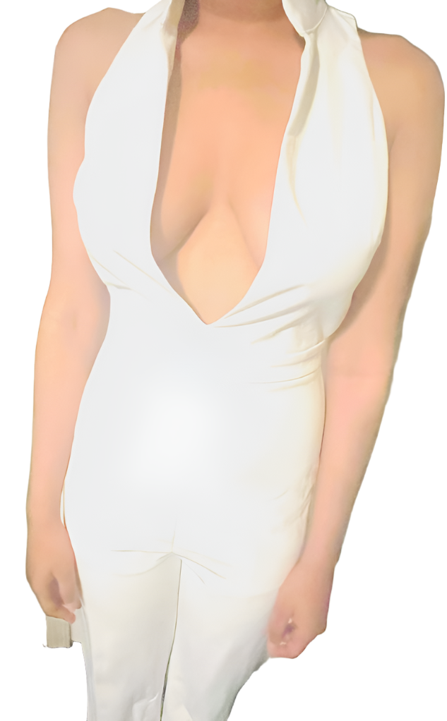 Elegant white backless jumpsuit with fitted waist and hips, perfect for various occasions.