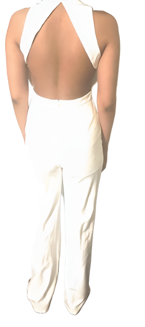 Elegant white backless jumpsuit with fitted waist and hips, perfect for various occasions.