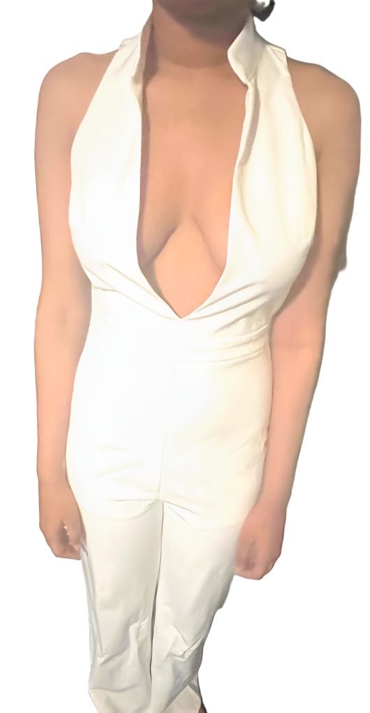 Elegant white backless jumpsuit with fitted waist and hips, perfect for various occasions.