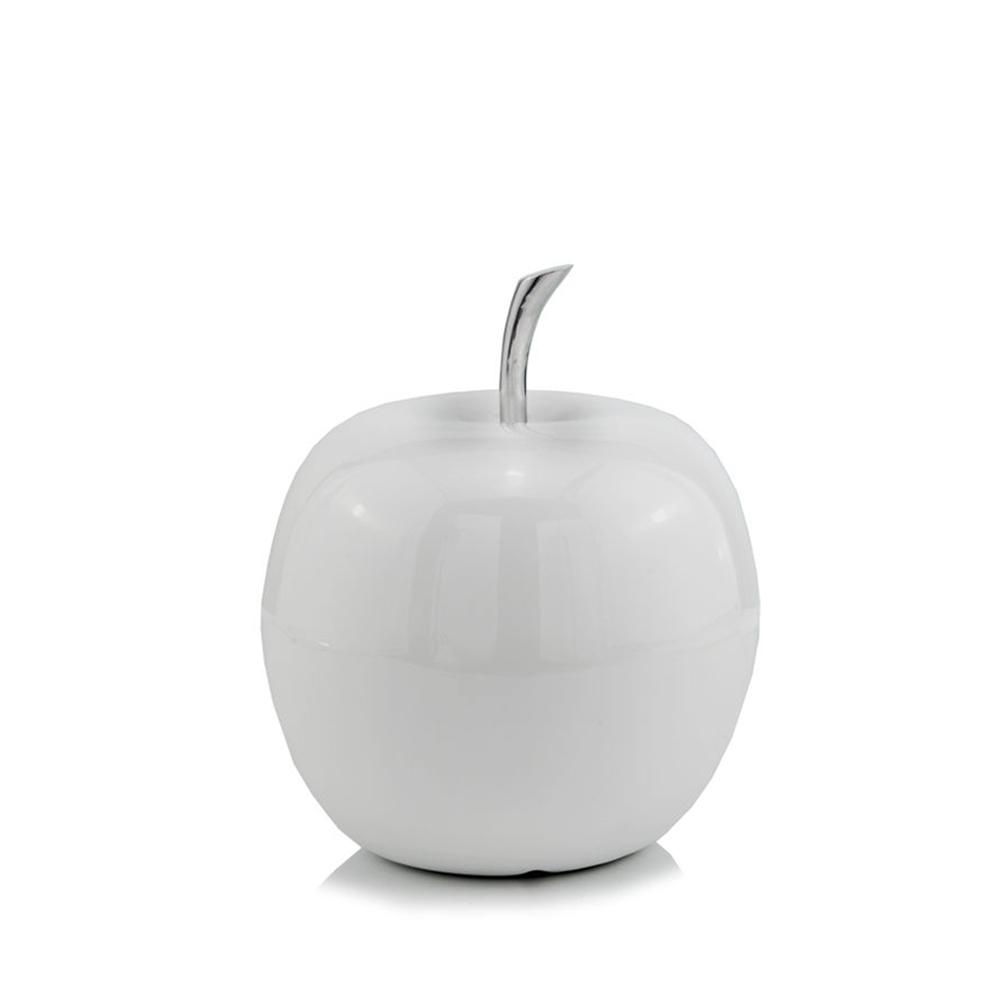 A stylish white coated mini apple shaped aluminum accent decor piece, perfect for contemporary home styling.