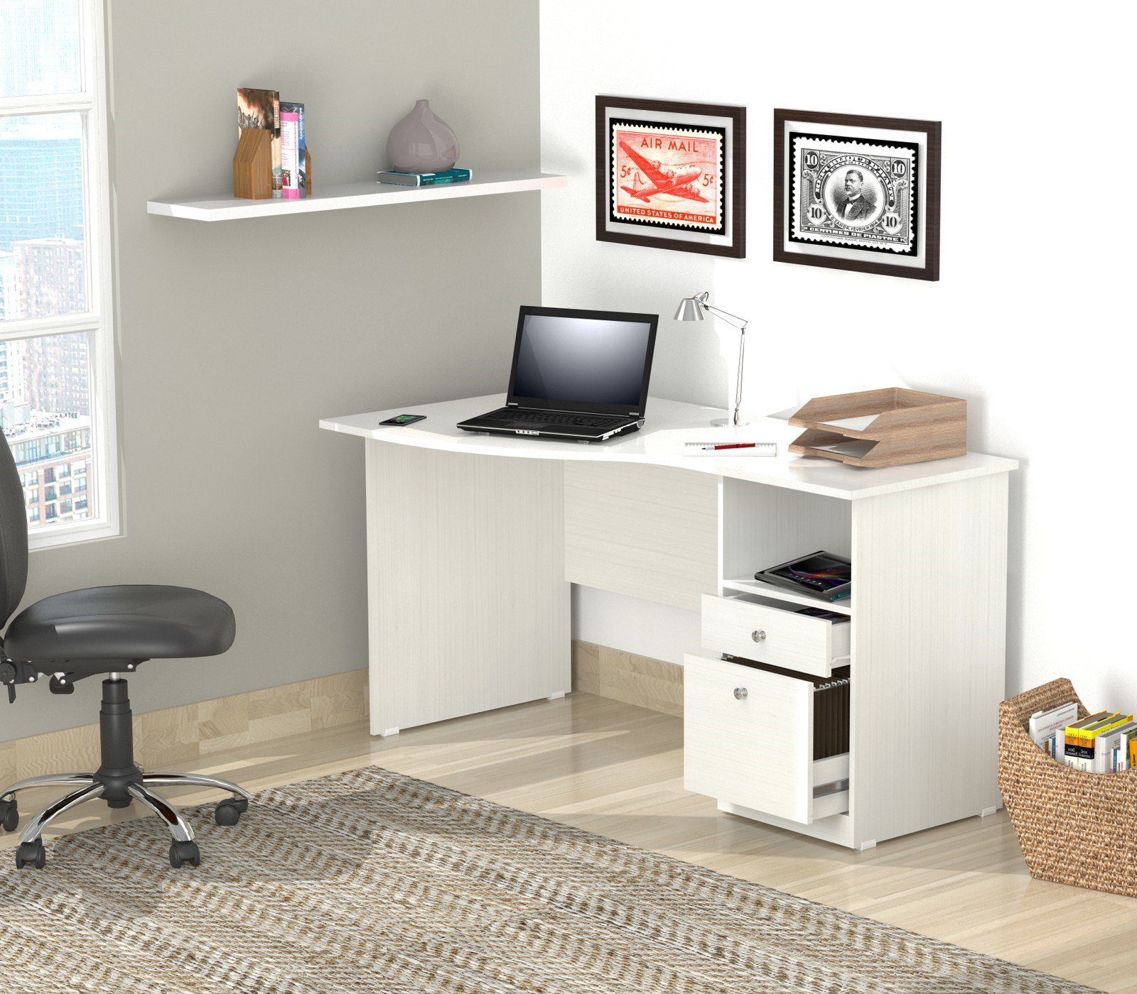 White Finish Wood Curved Top Writing Desk with open shelf and drawers, showcasing its elegant design and sturdy construction.