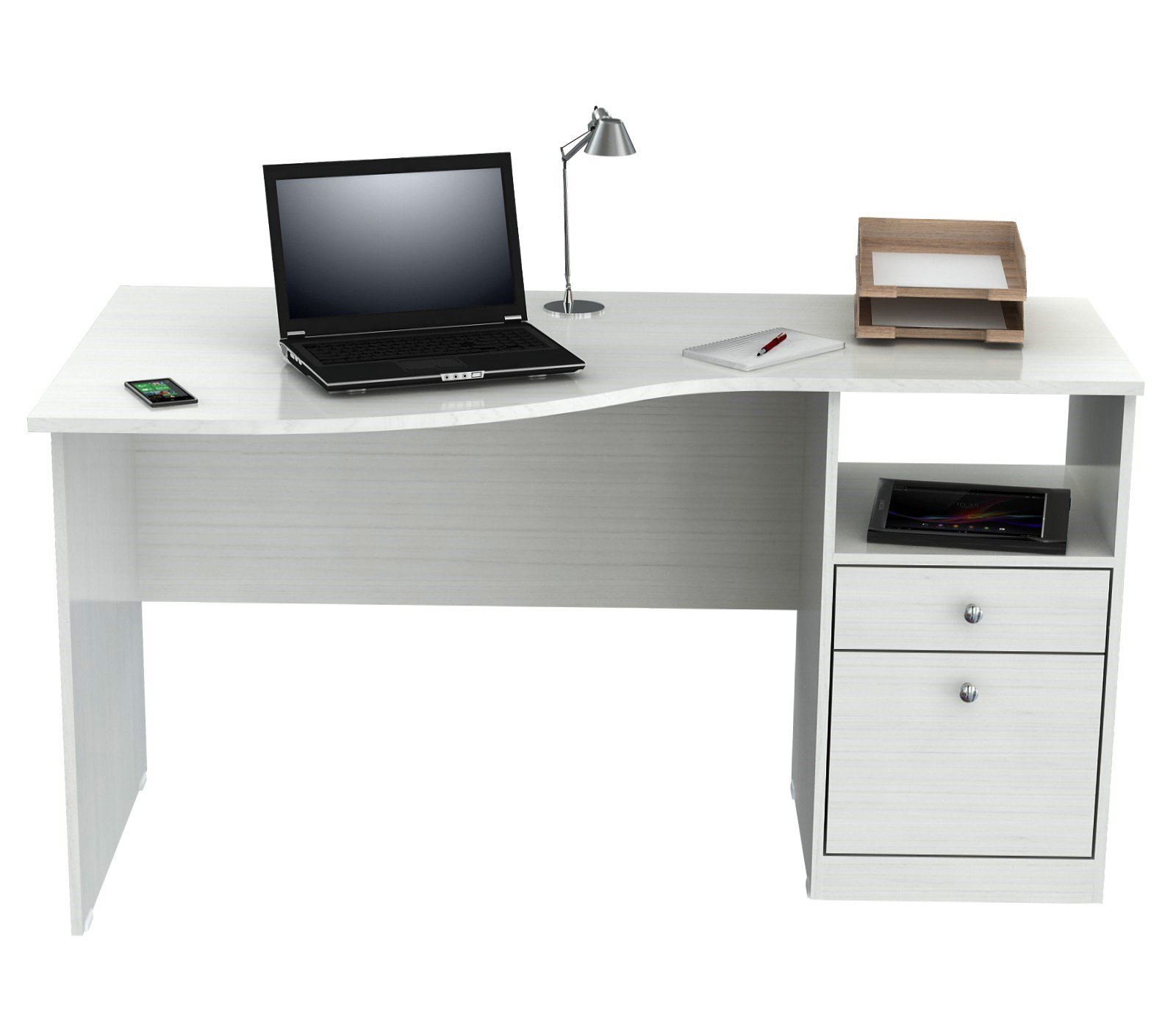 White Finish Wood Curved Top Writing Desk with open shelf and drawers, showcasing its elegant design and sturdy construction.