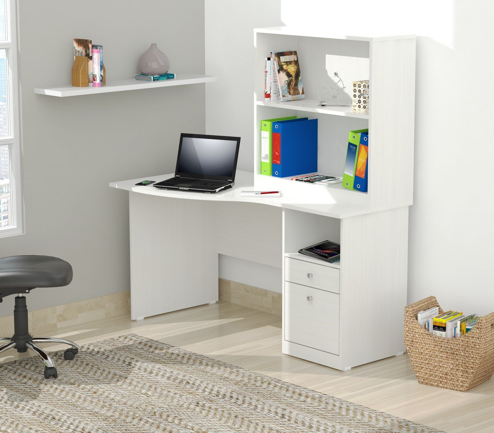 White Finish Wood Curved Top Writing Desk with open shelf and drawers, showcasing its elegant design and sturdy construction.