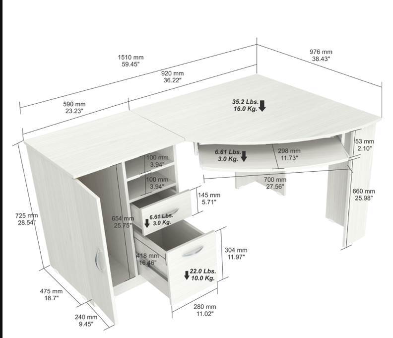 White Finish Wood L Shape Corner Computer Desk with one drawer and contemporary design, perfect for home office or study.