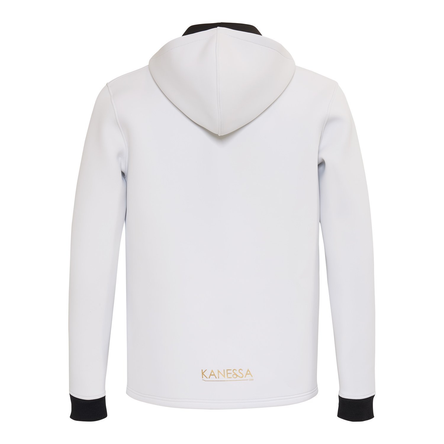 A stylish white neoprene sports jacket designed for warmth and comfort during winter activities.