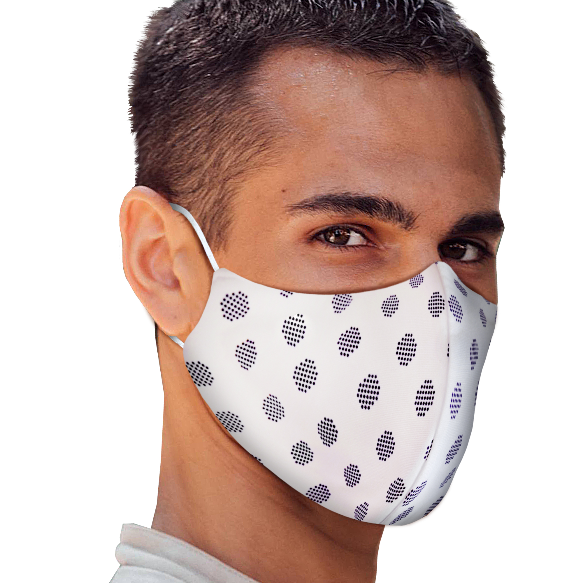 White Polka Face Mask featuring a playful polka dot design, suitable for everyday wear and machine washable.