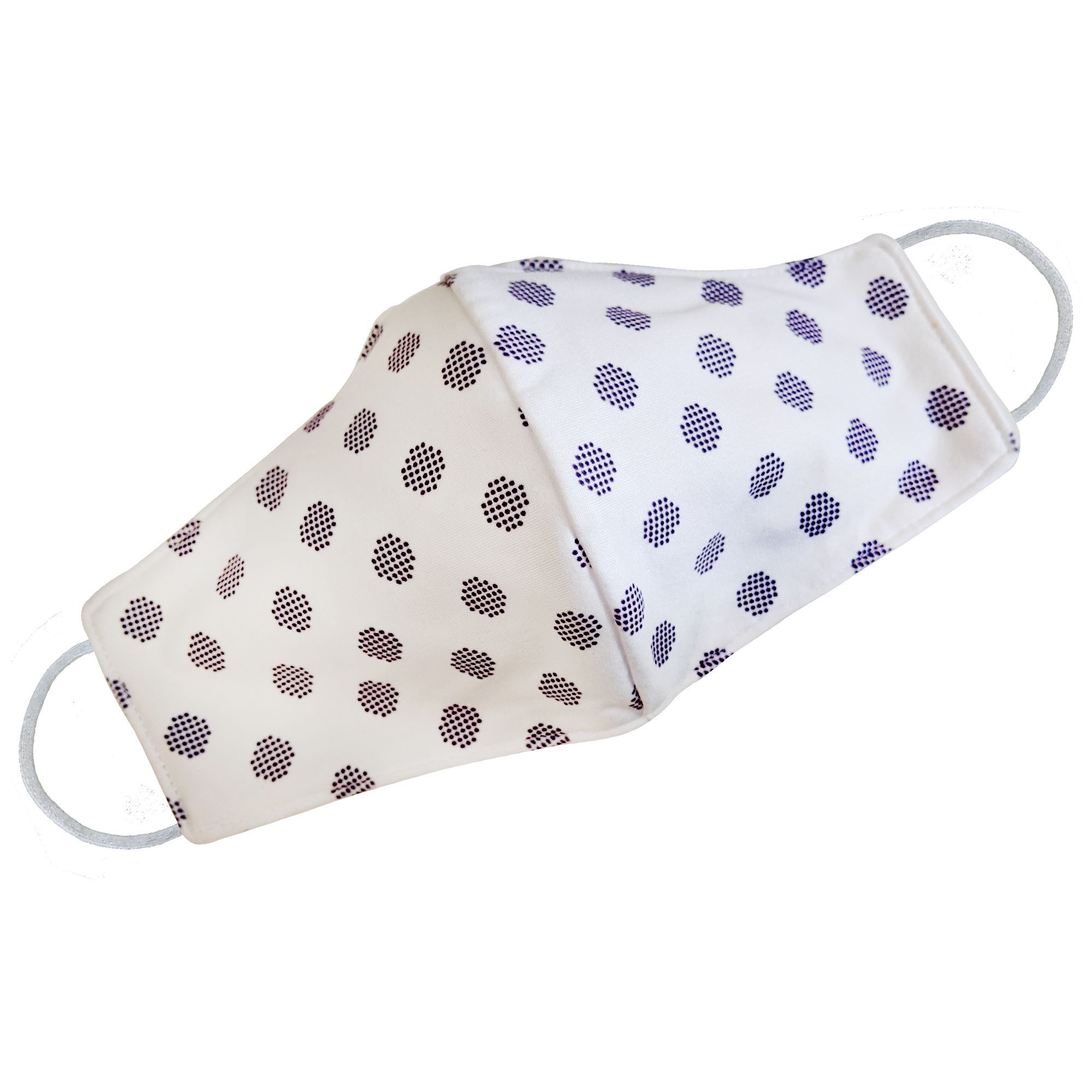 White Polka Face Mask featuring a playful polka dot design, suitable for everyday wear and machine washable.