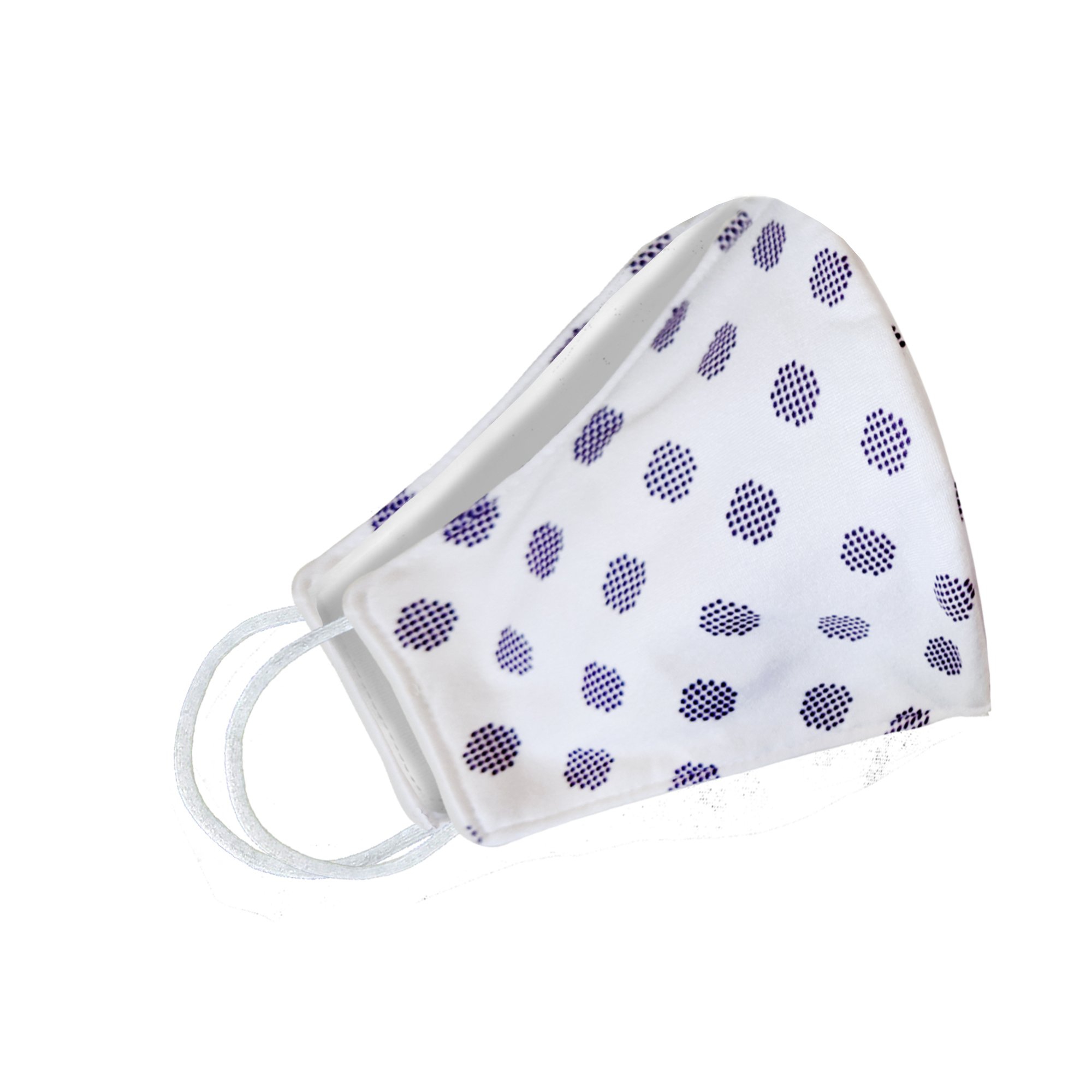 White Polka Face Mask featuring a playful polka dot design, suitable for everyday wear and machine washable.