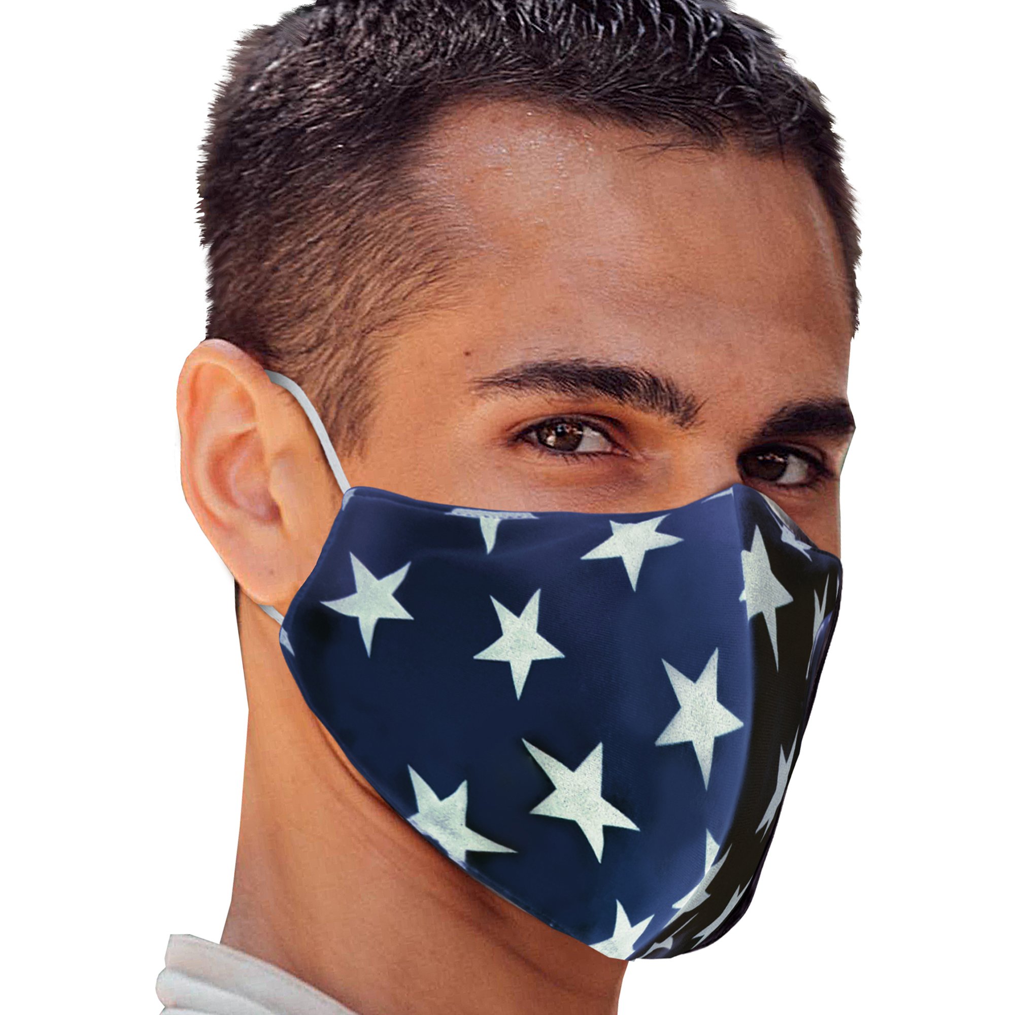 White Stars Face Mask featuring a unique star pattern, designed for comfort and style, suitable for various activities.