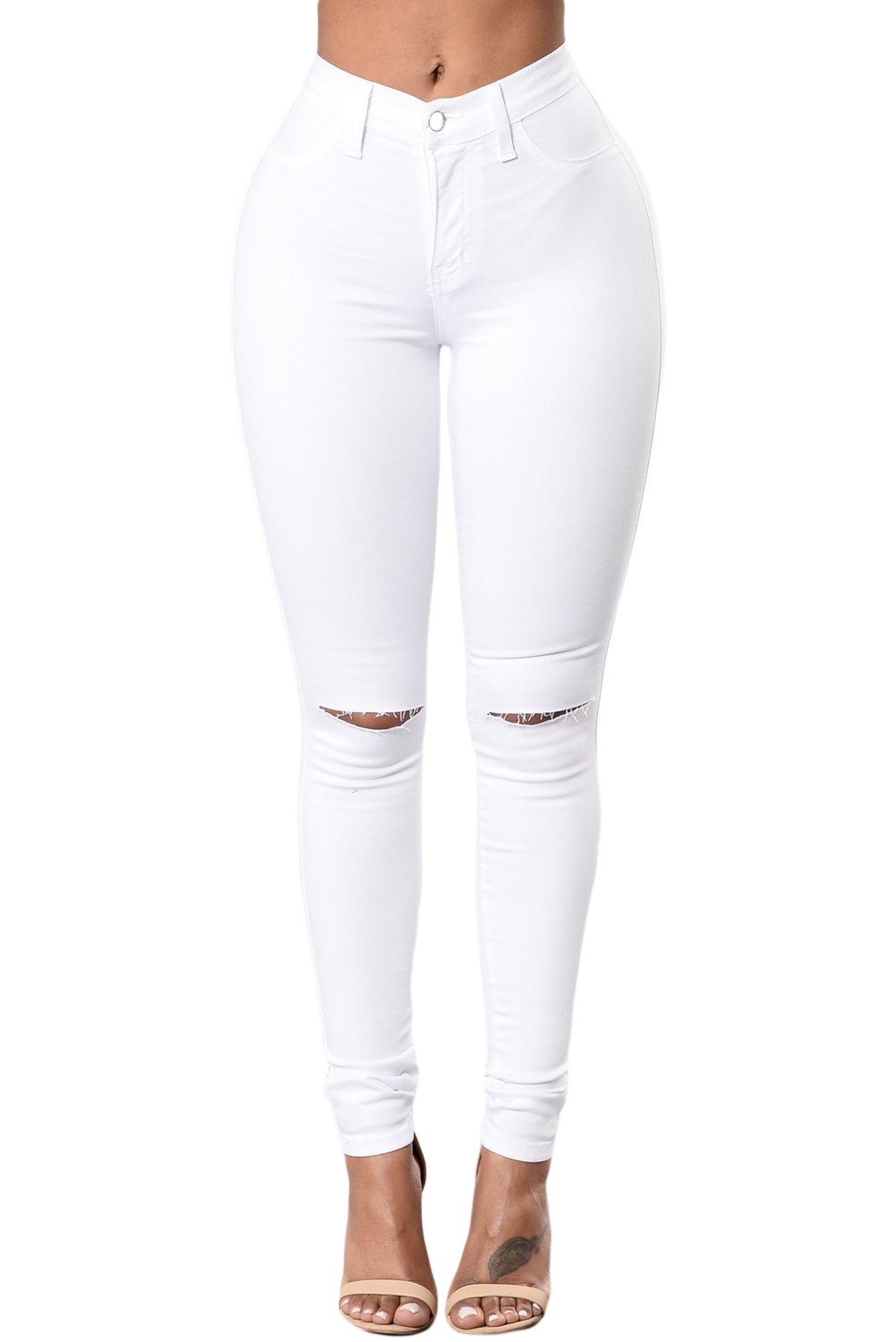 White trendy denim pants with slashed knees and cuffed leg openings, showcasing a stylish and modern design.