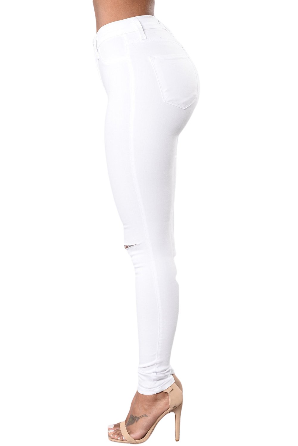 White trendy denim pants with slashed knees and cuffed leg openings, showcasing a stylish and modern design.