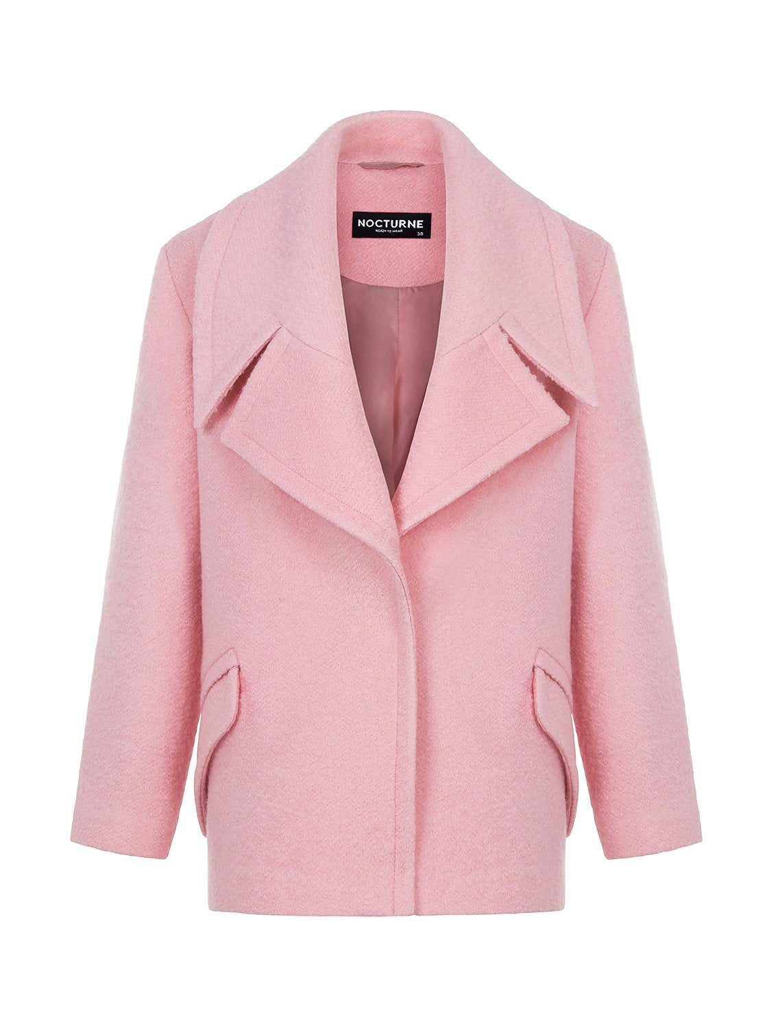 A stylish double-breasted wide lapel collar coat in vibrant orange, pink, and blue colors, featuring long sleeves and side flap pockets.