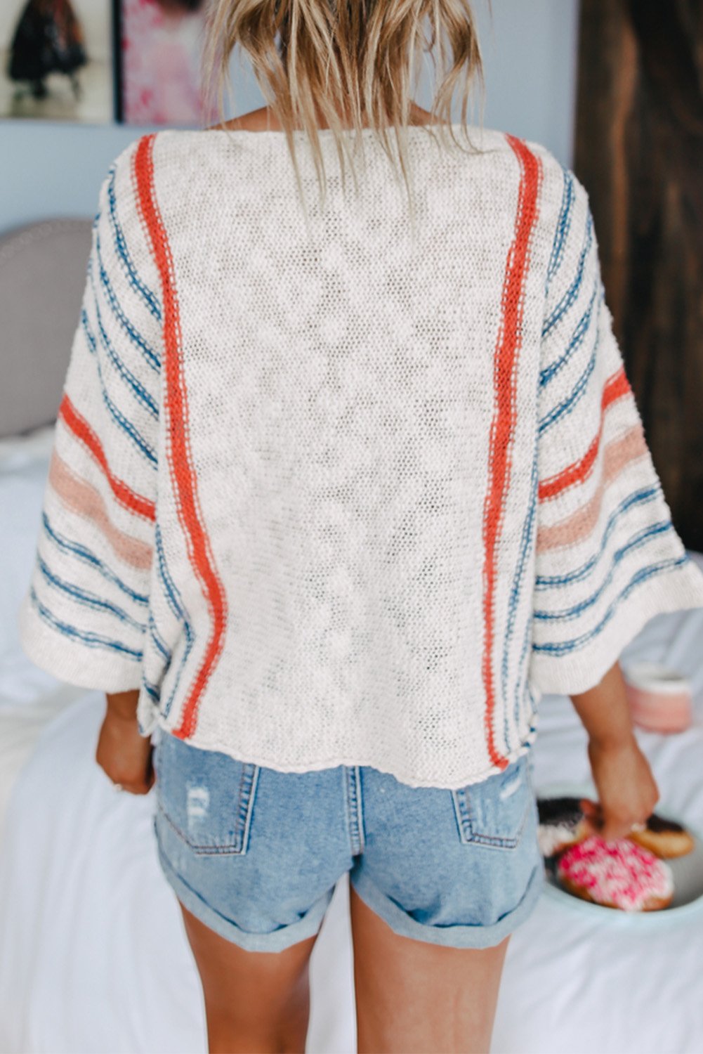 Wide Sleeve Striped Beach Sweater featuring vibrant stripes and loose fit, perfect for beach outings.