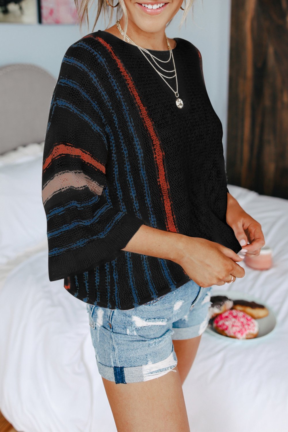 Wide Sleeve Striped Beach Sweater featuring vibrant stripes and loose fit, perfect for beach outings.