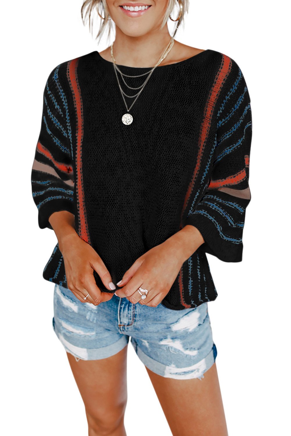 Wide Sleeve Striped Beach Sweater featuring vibrant stripes and loose fit, perfect for beach outings.