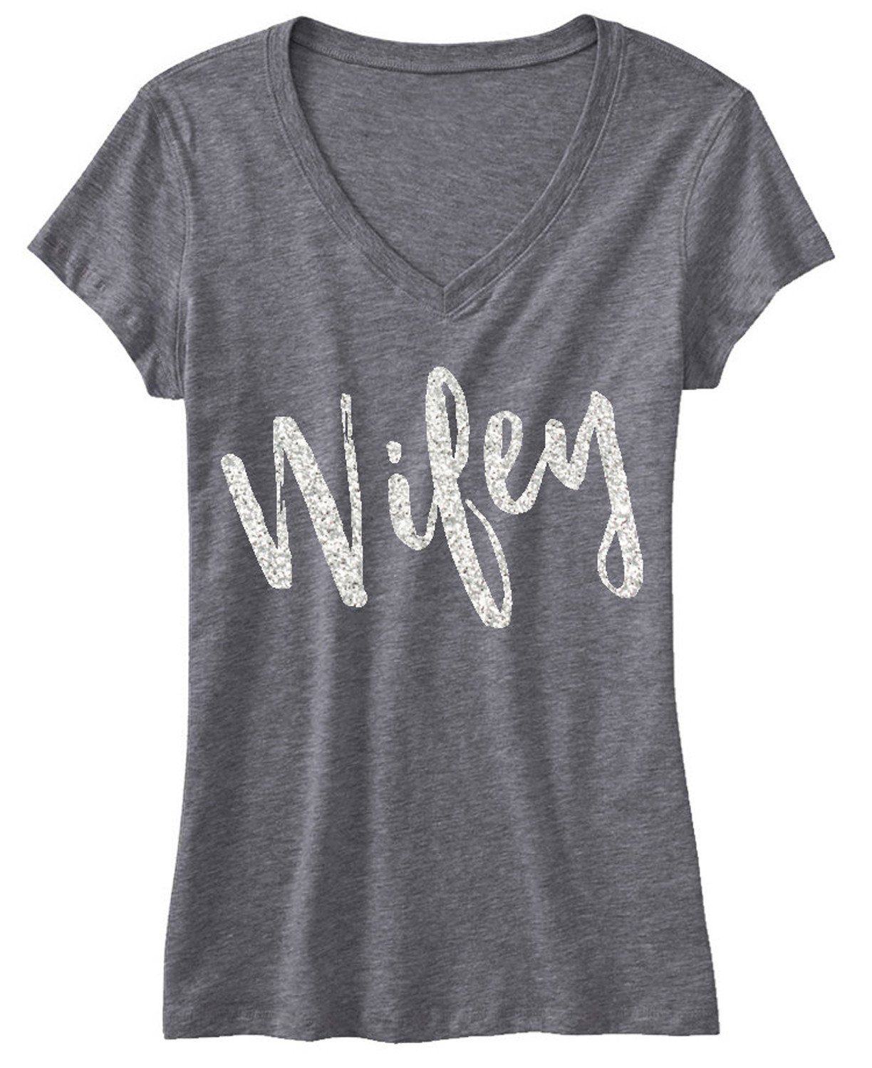 WIFEY Glitter Gray V-Neck shirt featuring silver glitter print, perfect for brides and brides-to-be.