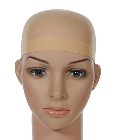 A nude nylon wig cap designed for comfort and versatility, fitting most head sizes.