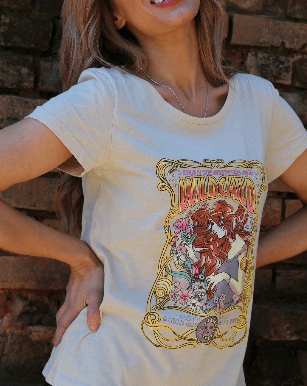 Wild Bohemian Child t-shirt in soft fabric, showcasing a bohemian style with a flattering fit.