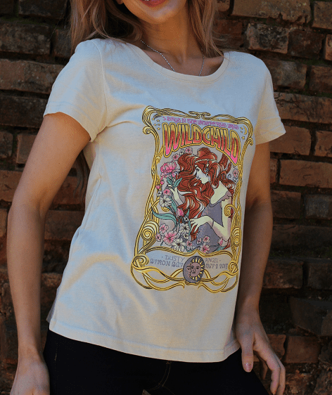 Wild Bohemian Child t-shirt in soft fabric, showcasing a bohemian style with a flattering fit.