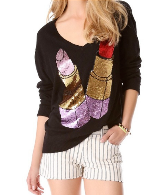 Wildfox Women's Black Sequined Lipstick Angora Blend Deep V-Neck Sweater in size XS, featuring a glamorous sequined design and soft fabric.