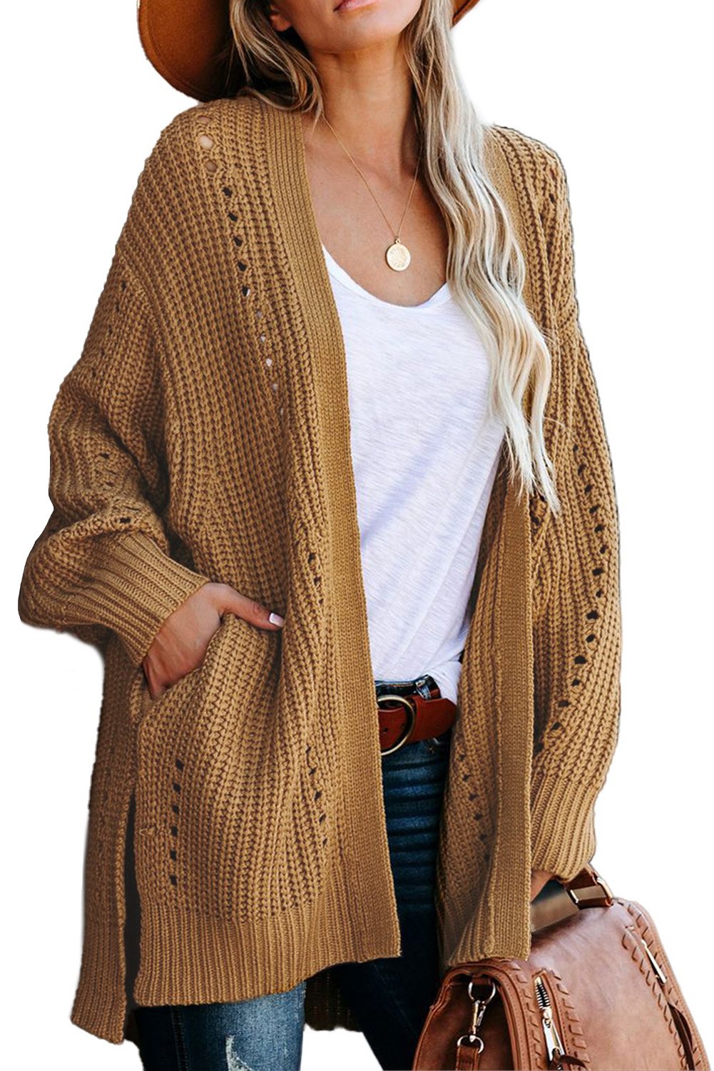 Wine Drop Sleeve Cable Knit Cardigan with Slits, featuring a classic cable knit design, open front, long sleeves, and side pockets in a rich wine color.